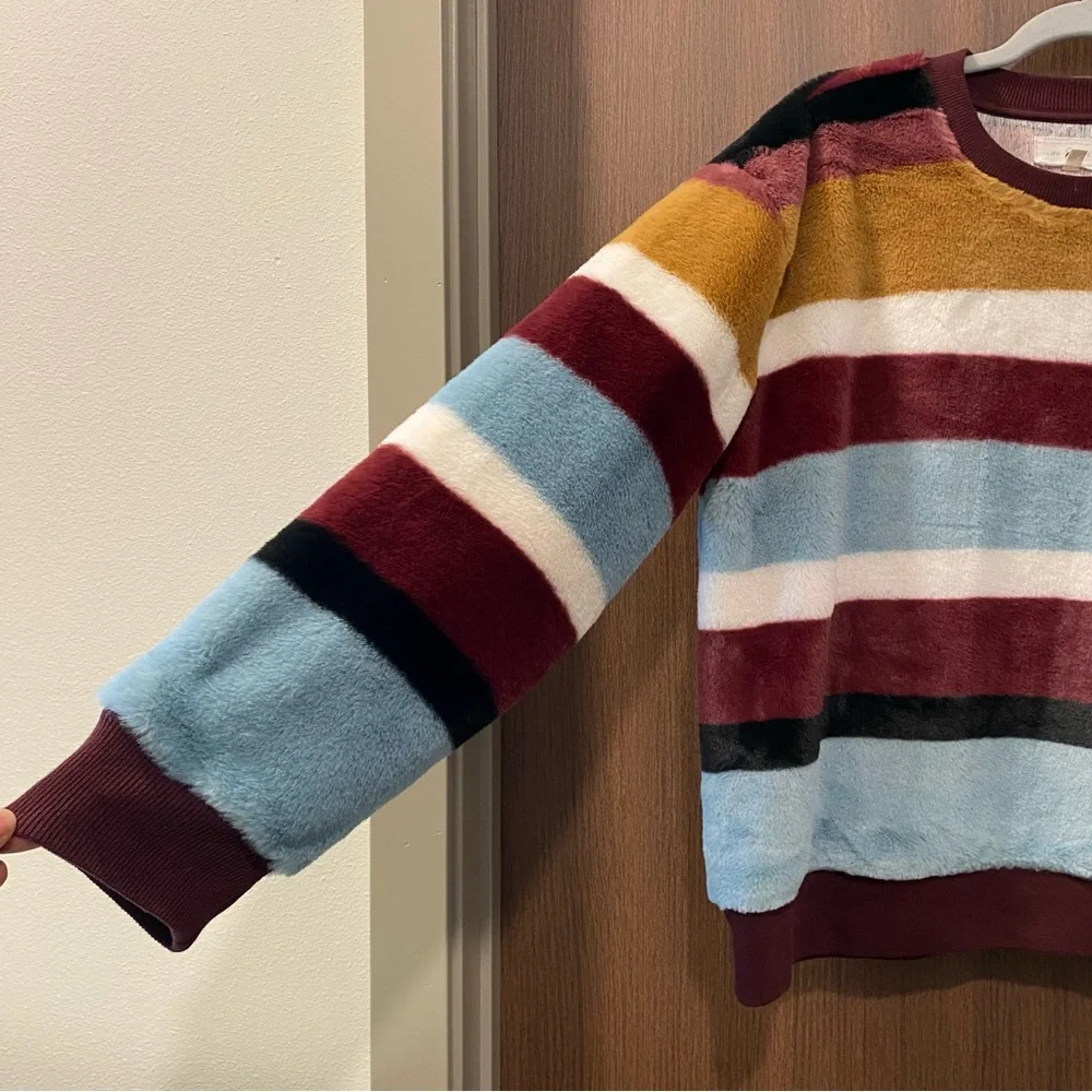 Lou‎ & Gray Faux Fur Striped Pullover Sweater Size Large Crewneck Ribbed Trim - Picture 6 of 14